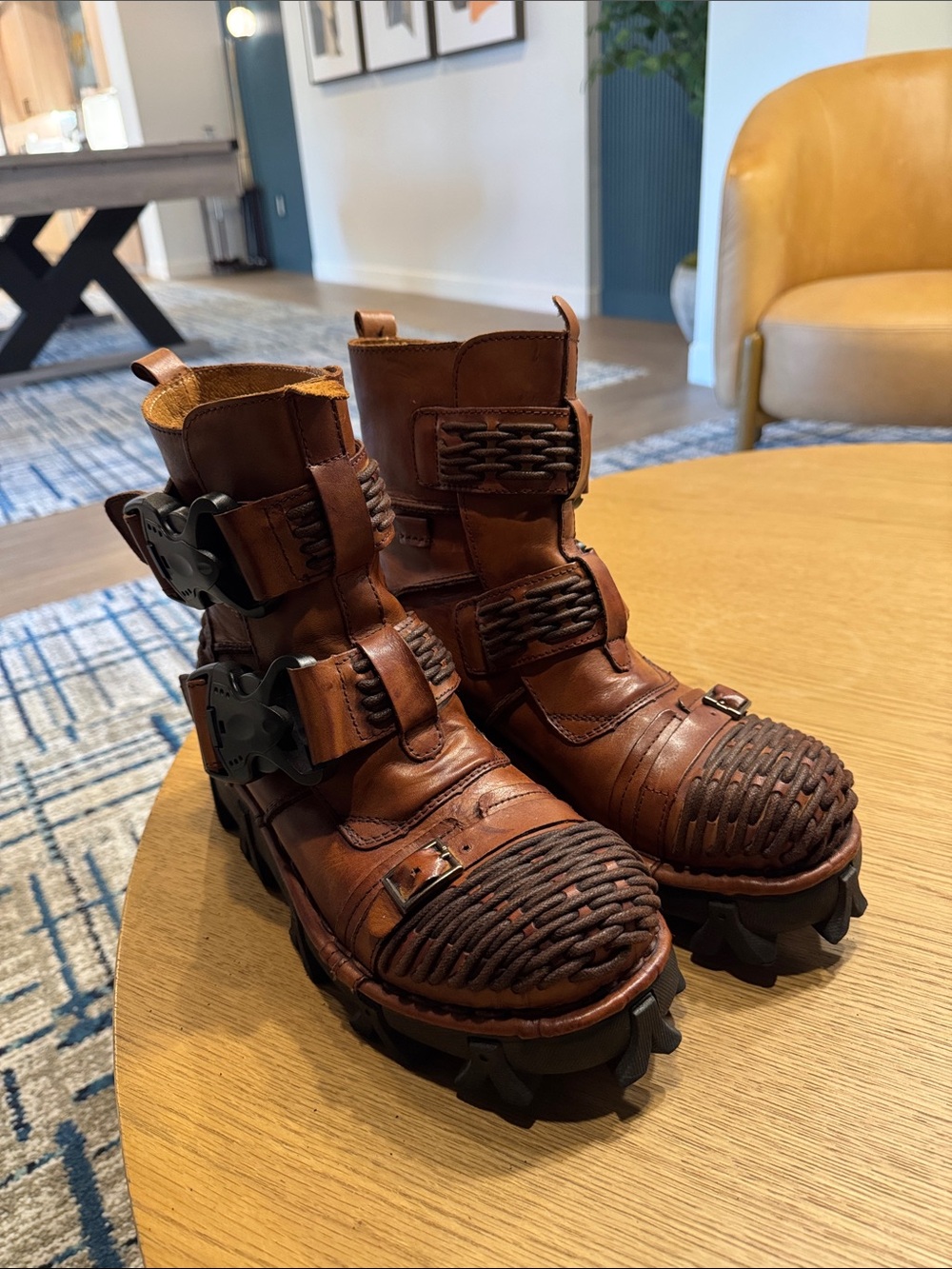 Women's Tan Woven Leather Moto Combat Boots - Picture 3 of 12